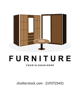 Wardrobe Logo Design, Furniture Clothes Place Illustration, Wood Craft Company Brand Icon Vector