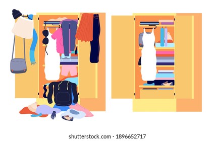 Wardrobe mess. Messy cloth, before after home clothes organization. Open cabinet clutter, tidy untidy fashion interior utter vector concept