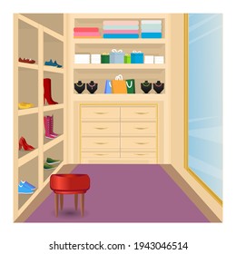 Wardrobe. Mirror. Shelf for things. Pantry. Room for trying on clothes. Concept for home or shop. Buying clothes and accessories. Online Store. Home delivery. Discount, coupon, sale. Vector. Cartoon