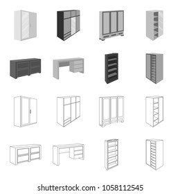 Wardrobe with mirror, wardrobe, shelving with mezzanines. Bedroom furniture set collection icons in outline,monochrome style vector symbol stock illustration web.