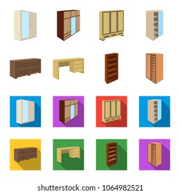Wardrobe with mirror, wardrobe, shelving with mezzanines. Bedroom furniture set collection icons in cartoon,flat style vector symbol stock illustration web.