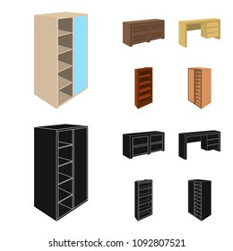 Wardrobe with mirror, wardrobe, shelving with mezzanines. Bedroom furniture set collection icons in cartoon,black style vector symbol stock illustration web.