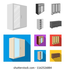 Wardrobe with mirror, wardrobe, shelving with mezzanines. Bedroom furniture set collection icons in monochrome,flat style vector symbol stock illustration web.