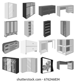 Wardrobe, mirror, wood and other icons of interior. Interior set collection icons in monochrome style vector symbol stock illustration web.