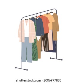 Wardrobe of modern women clothing hanging on floor hanger rack. Assortment of casual apparels. Collection of stylish summer garments. Flat vector illustration isolated on white background