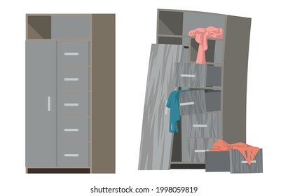 Wardrobe new and old, whole and hard. Vector illustration, flat.