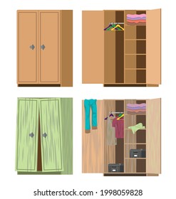 Wardrobe new and old, whole and hard. Vector illustration, flat.