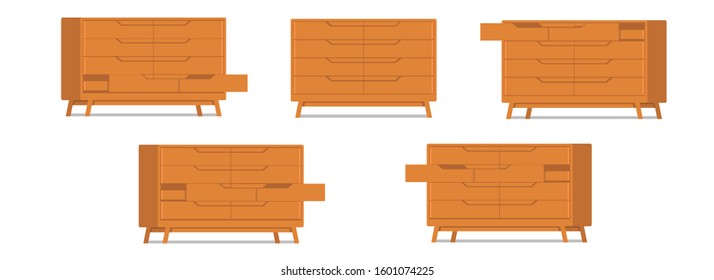 wardrobe with open and closet drawer in flat cartoon style.