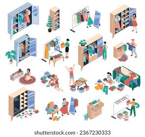 Wardrobe organization isometric set of women tidying up their closet and sorting clothes isolated vector illustration