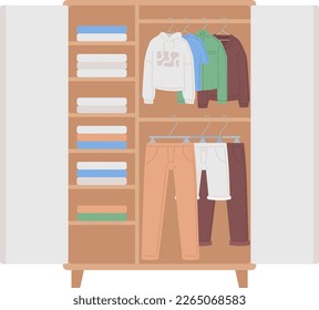 Wardrobe with organized clothes and shelves semi flat color vector object. Bedroom closet. Editable icon. Full sized item on white. Simple cartoon spot illustration for web graphic design, animation