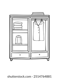 Wardrobe outline line drawing, simple drawing of closet with shelves and things, isolated on white background.