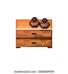 Pintura de píxel de armario. Imagen de píxel de gabinete. Ilustración de vector. Armario y tarro de tierra. Armario de iconos. Pintura de píxel de gabinete de madera.