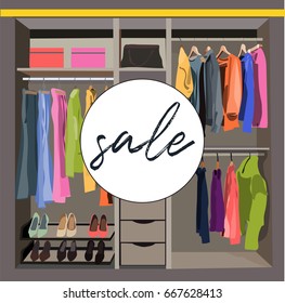 wardrobe retail sale vector sign illustration. cloth clothing rack. hanging.shop.shopping
