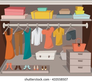 Wardrobe room with clothes, shoes and boxes. Cartoon vector illustration