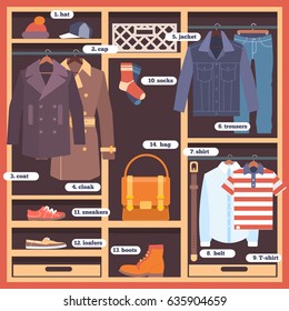 Wardrobe room full of clothes. Flat style vector illustration