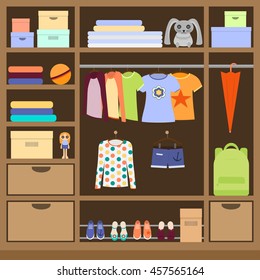 Wardrobe room full of colorful woman, girl, teenager clothes. Vector illustration of closet with hanging things set, shoes, boxes, toys, backpack, umbrella, wood shelves. 