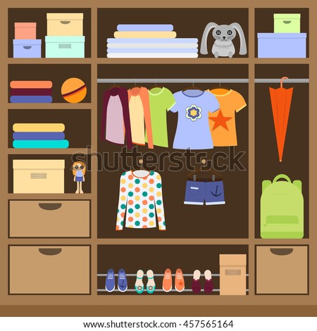 Wardrobe room full of colorful woman, girl, teenager clothes. Vector illustration of closet with hanging things set, shoes, boxes, toys, backpack, umbrella, wood shelves. 