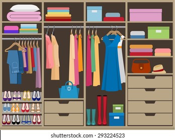 Wardrobe room full of woman's cloths. Flat style vector illustration.
