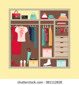 Wardrobe room full of woman's cloths and accessories. Flat style vector illustration.