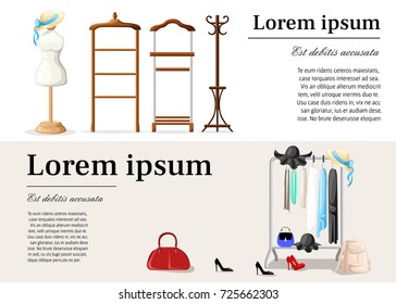 Wardrobe room full of woman's cloths. Flat style vector illustration.coat rack, showroom. Closet with clothes, bags, boxes and shoes in flat style Web site page and mobile app.