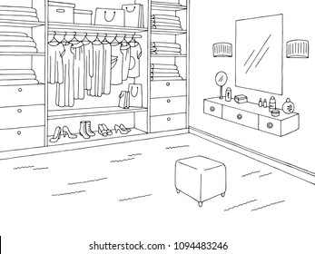 Wardrobe room graphic black white home interior sketch illustration vector