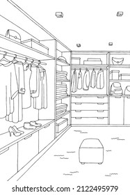 Wardrobe room graphic black white home interior vertical sketch illustration vector 