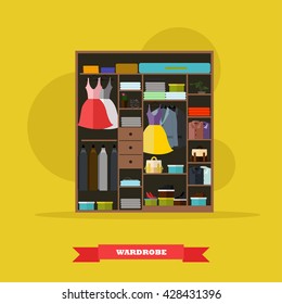 Wardrobe room interior full of woman and man cloths. Vector illustration in flat style design. Home interior.