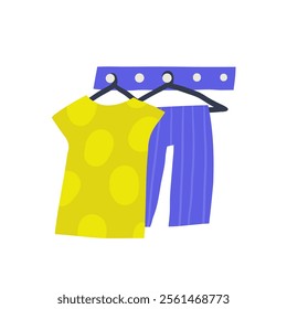 Wardrobe room interior object. Cute hand drawn doodle clothes holder, dress, trousers, fashion clothing, hanger, casual cloth. Modern flat apartment elements