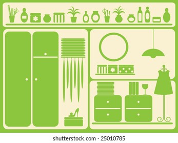 Wardrobe room interior and objects set. Vector illustration.