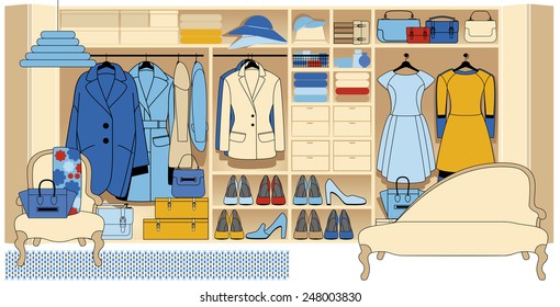 Wardrobe room with various shoes bags and clothes. Vector Illustration.Women