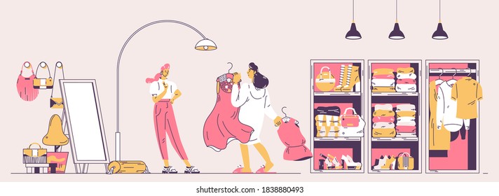 Wardrobe scene with personal stylist helping woman to look stylish. Outline graphic style drawn with pink and yellow, large mirror, shoes and bags