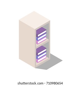 wardrobe with shelves for document storage, shelves with books, interior items for home and office isometric.