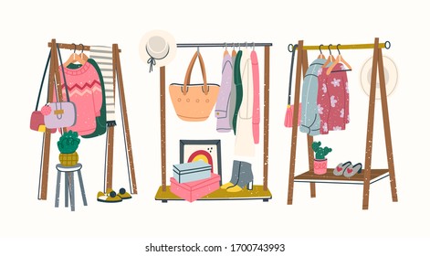 Wardrobe. Showroom concept. Set of three Clothing racks. Various clothes on hangers. Boots, coat, shoe boxes, bags, hats, jackets, sweaters. Hand drawn trendy colored Vector illustration