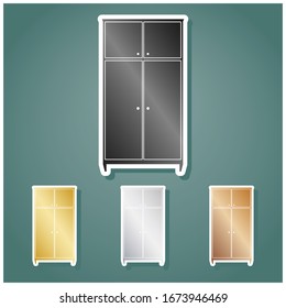 Wardrobe sign. Set of metallic Icons with gray, gold, silver and bronze gradient with white contour and shadow at viridan background. Illustration.