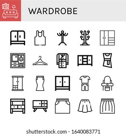 wardrobe simple icons set. Contains such icons as Living room, Wardrobe, Undershirt, Coat rack, Coat stand, Closet, Hanger, Trench coat, Blouse, can be used for web, mobile and logo