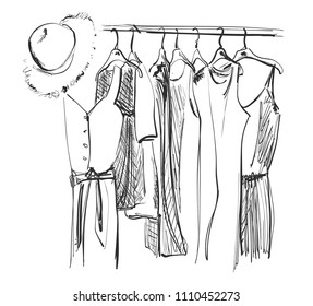 Wardrobe sketch. Clothes on the hangers. Summer dress and hat