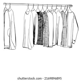 Wardrobe sketch. Clothes on the hangers. Hand drawn illustration