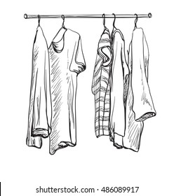 Wardrobe sketch. Clothes on the hangers.