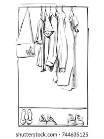 Wardrobe sketch. Clothes on the hungers