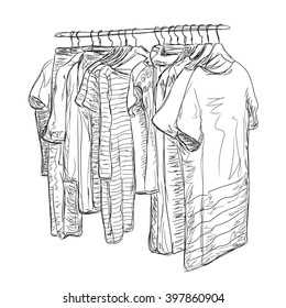 Wardrobe sketch. Hand drawn clothes shop.