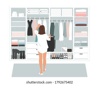 Wardrobe storage room and young elegant business woman in front of open closet full of elegant dresses. Everyday choice what to wear into the office.