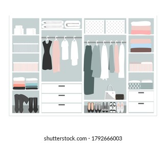 Wardrobe storage system in a modern style. Dressing room interior element, flat vector illustration. Closet with woman closing, pastel palette