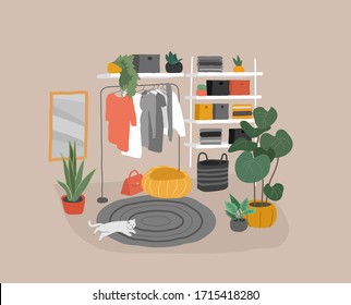 Wardrobe stuff interior in scandinavian design style.. Closet wardrobe furniture inside. Various bag, shoes, cosmetics and trendy clother. Hand drawn isolated elements. Cartoon vector