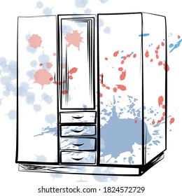Wardrobe in the style of linear drawing, sketch. Item for home interior on the background of multi-colored splashes of paint to the BLOB. Vector illustration.
