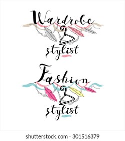 Wardrobe Stylist vector logo set. Calligraphy hand-written modern Fashion stylist Web site banner.