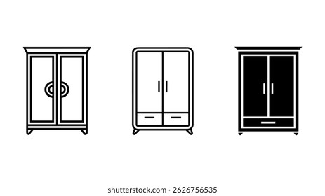 Wardrobe Variations: Three distinct wardrobe icons showcase essential storage solutions, demonstrating the versatility of minimalist design with modern home furnishing aesthetics.