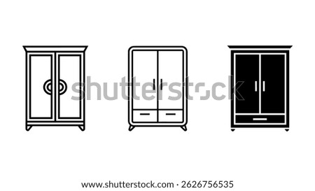 Wardrobe Variations: Three distinct wardrobe icons showcase essential storage solutions, demonstrating the versatility of minimalist design with modern home furnishing aesthetics.