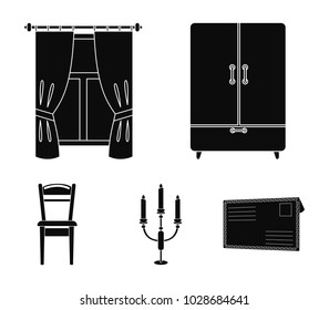 Wardrobe, window with curtains, candlestick, chair.Furniture set collection icons in black style vector symbol stock illustration web.