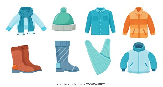 Wardrobe winter icons set collections. This set of winter clothes and accessories is perfect for illustrating cold weather Illustration vector with a white background.