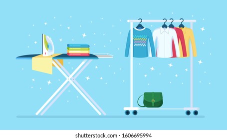 Wardrobe for woman and ironing board with iron. Metal rack with clothes, bags on hangers in boutique. Store stand with fashionable outfit. Interior of dressing room. Vector cartoon design